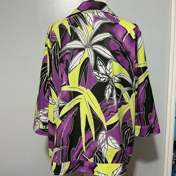 Additions by Chico's Womens Full Zip Jacket Neon Green Purple Leaf Print Sz 3(L) - Picture 4 of 7